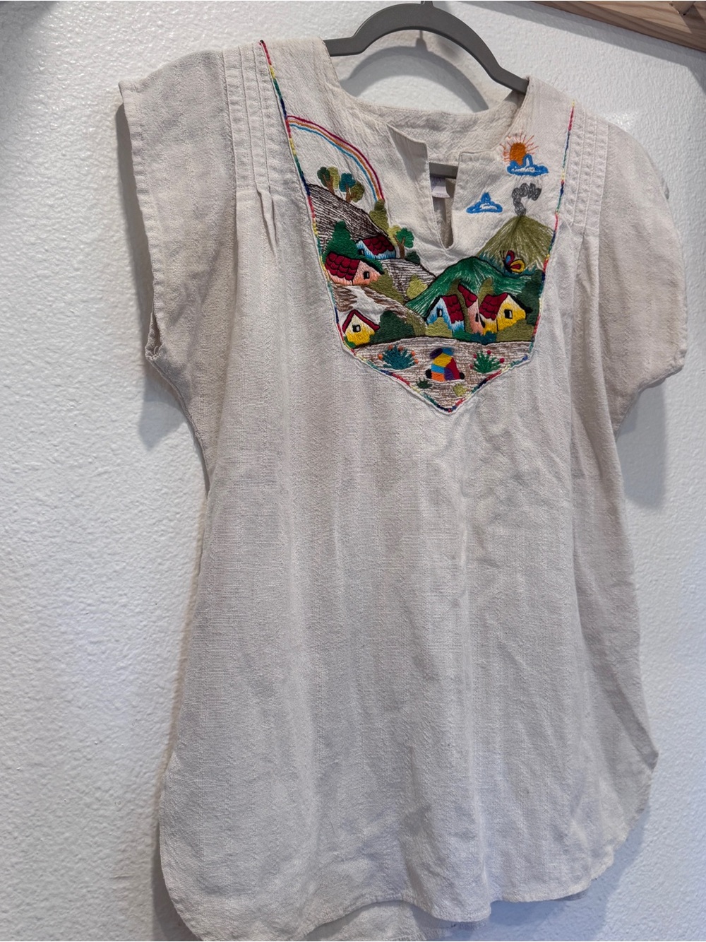Hand-Embroidered Vintage Village Cotton Top in Cream with Multicolor Folk Art - Picture 2 of 6